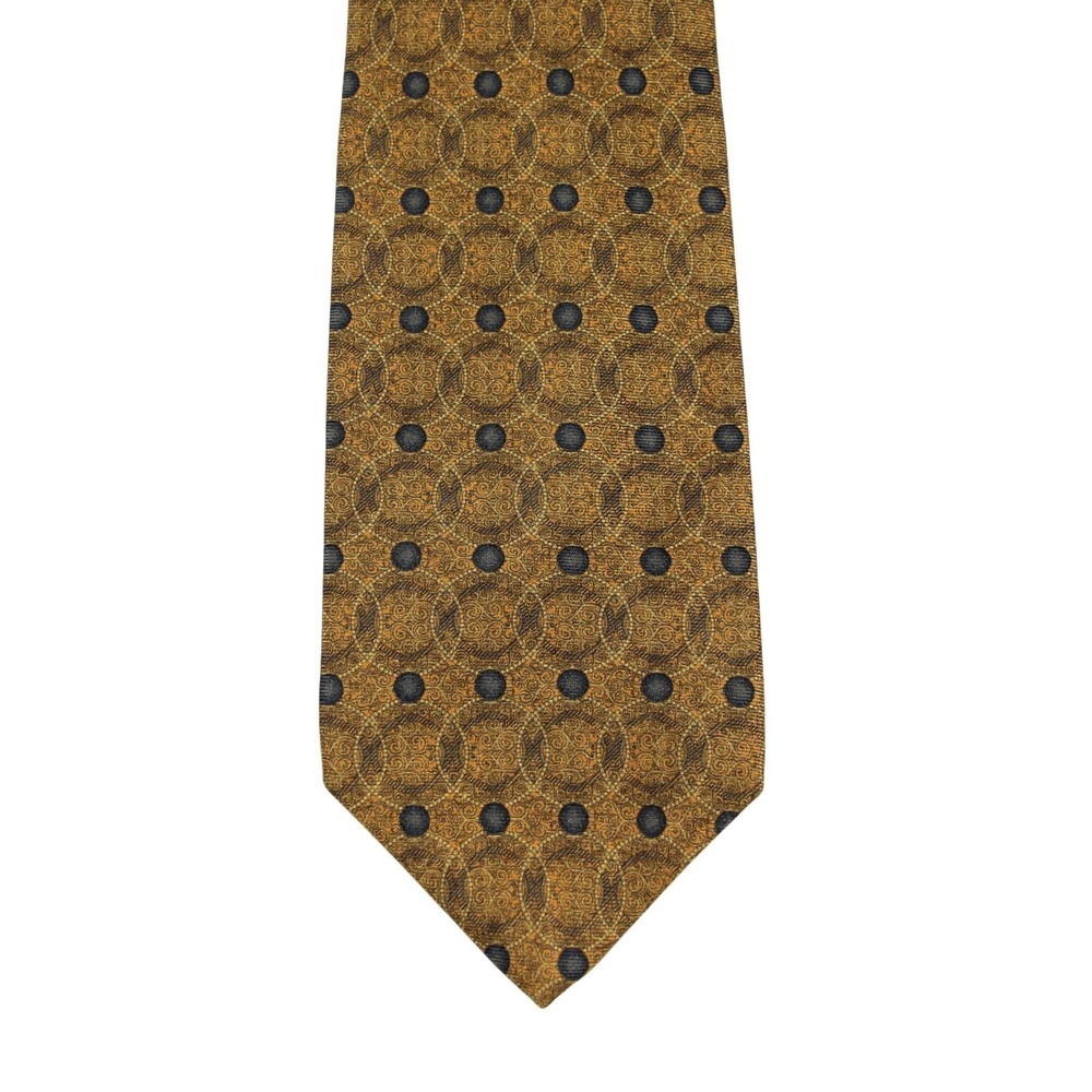 XMI Mens OS Gold Silk Wool Blend Necktie Vintage Polka Dot Geometric Italy Made - Picture 4 of 9